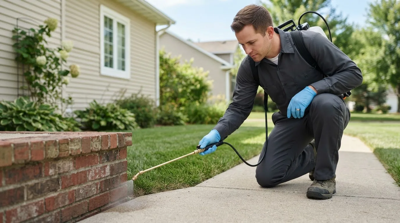 Pest control technician treating a home near New Harmony, IN