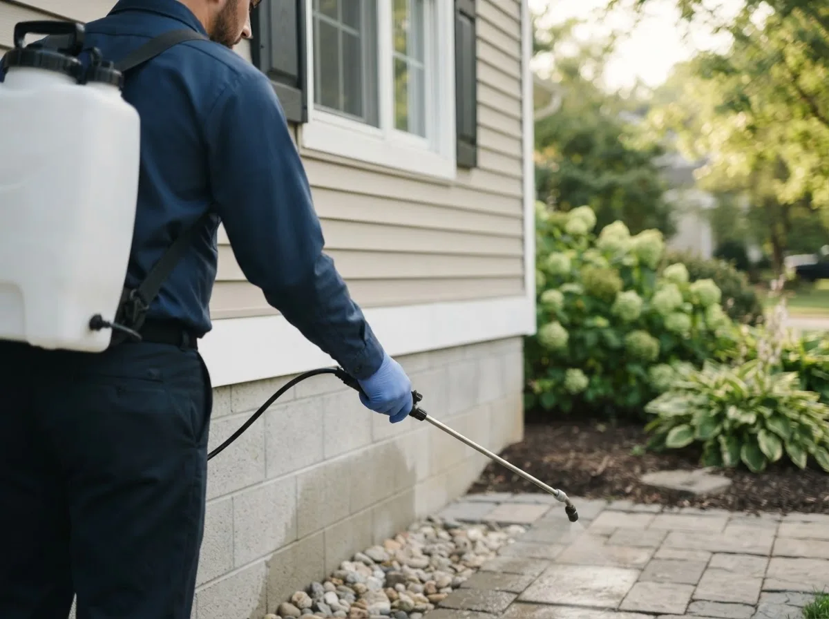 Pest control technician inspecting a home in New Harmony, IN